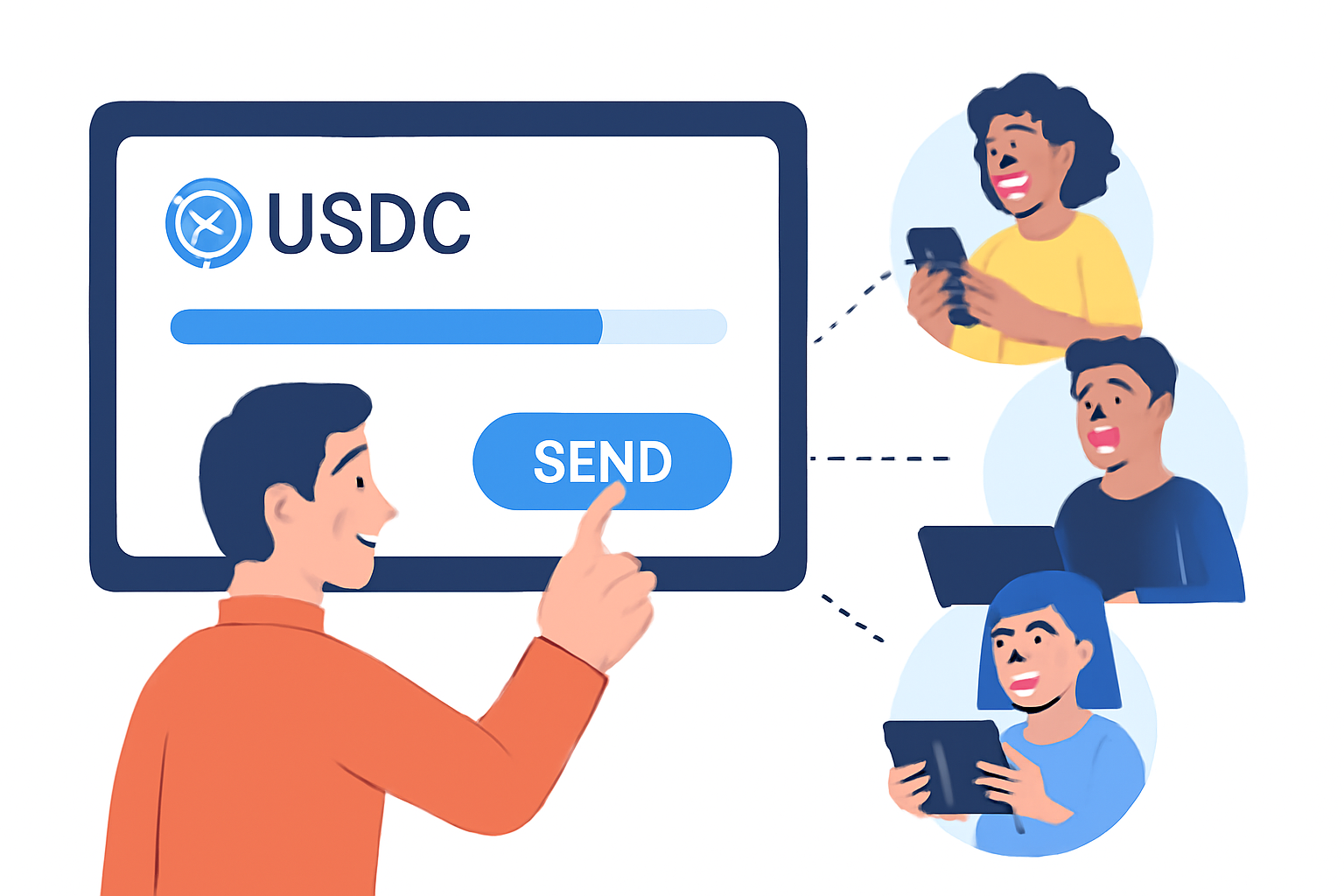 A business owner clicking 'Send' on a USDC payment dashboard, with animated progress bars and team members happily receiving payments on their devices.