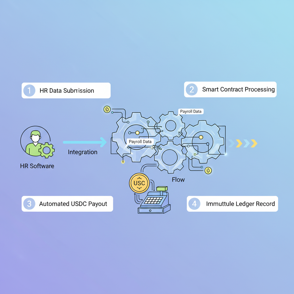 HR software integrating with blockchain payroll gears and USDC flows, dynamic tech visualization