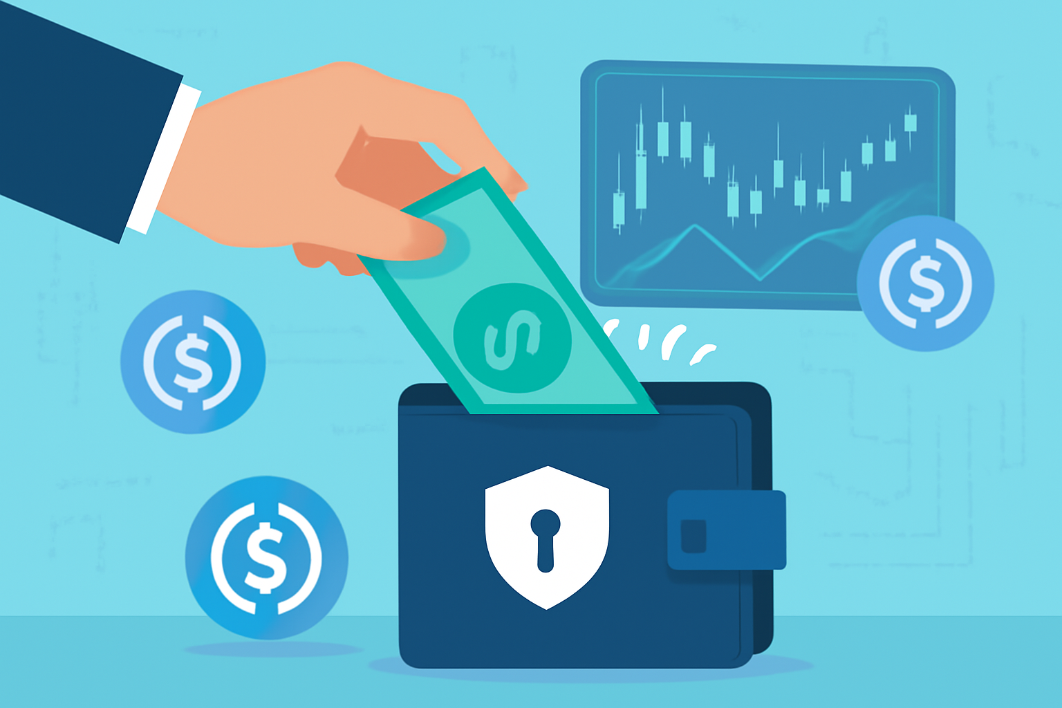A hand transferring digital US dollars into a crypto wallet, with exchange charts and USDC coin symbols, in a secure digital environment.