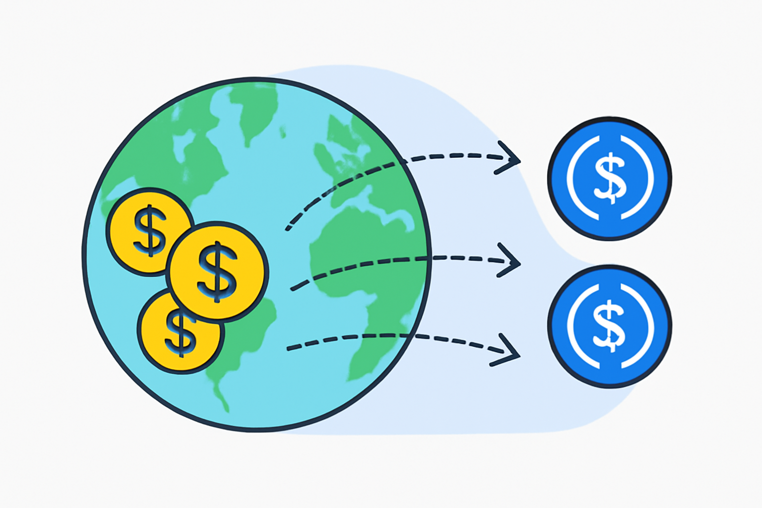 A digital illustration showing a globe with dollar coins transforming into USDC tokens, symbolizing fast, global payments.