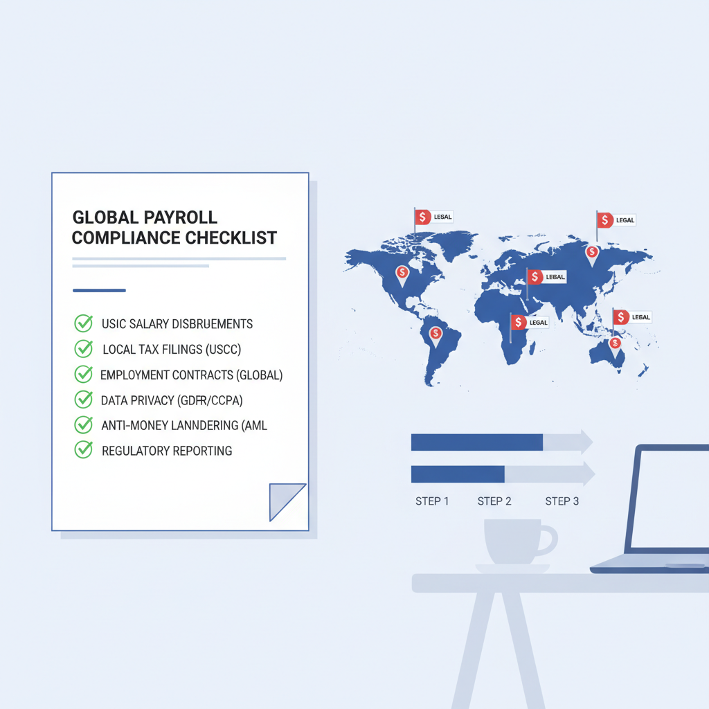 compliance checklist document with green checkmarks USDC payroll legal flags world map, professional office setting