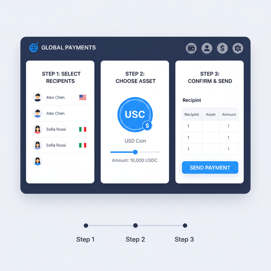 dashboard of payroll platform showing USDC payments, sleek web3 interface with global icons