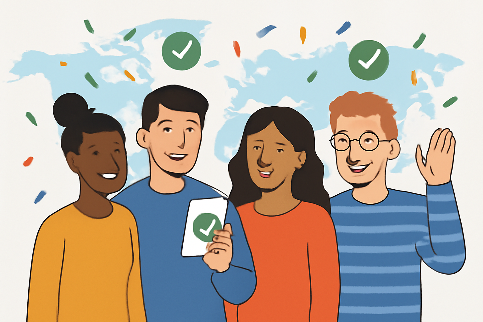diverse global team smiling while onboarding via mobile app, world map background, confetti and checkmarks flying