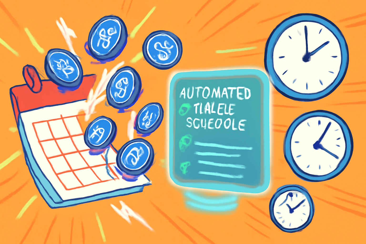 calendar exploding with USDC coins, automated payout schedule on holographic screen, clocks ticking fast, dynamic energy
