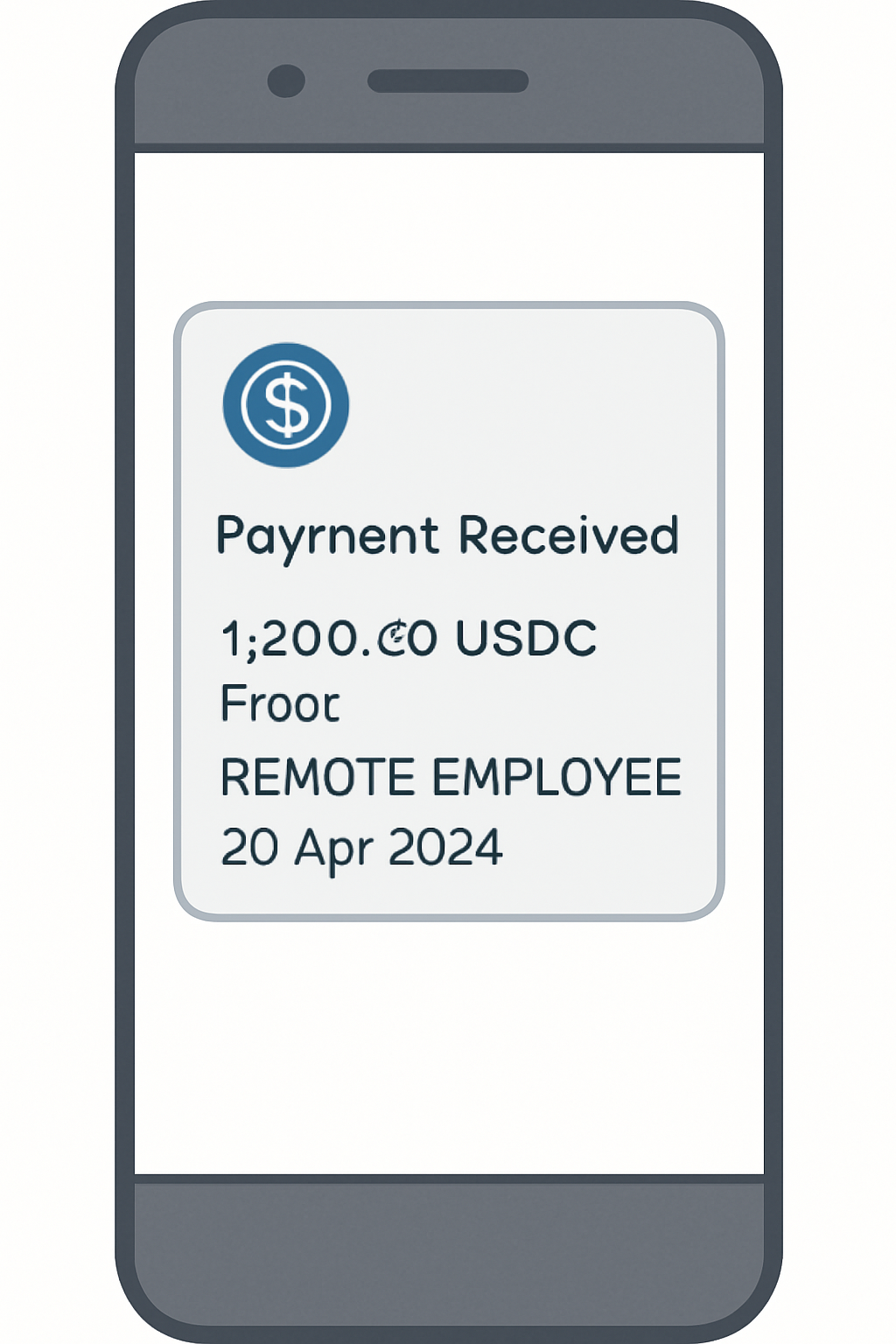 A notification message on a smartphone, showing USDC payment confirmation and transaction details for a remote employee.