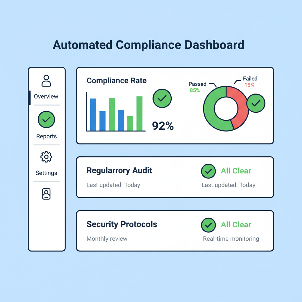 automated compliance dashboard with charts reports and green check icons
