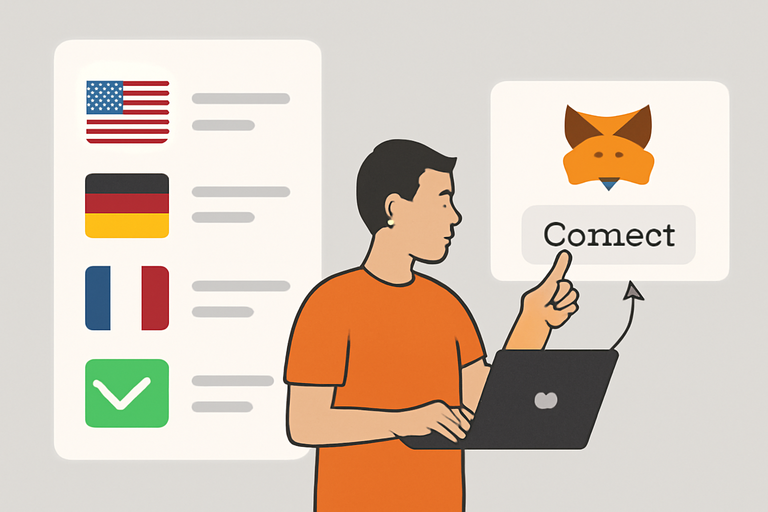 A checklist with country flags, a MetaMask wallet icon, and a contractor linking their wallet to a platform.