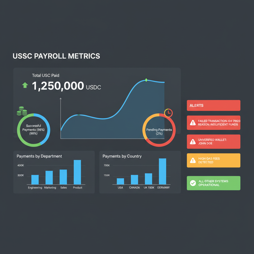 large monitoring dashboard showing USDC payroll metrics, graphs and alerts, dark mode