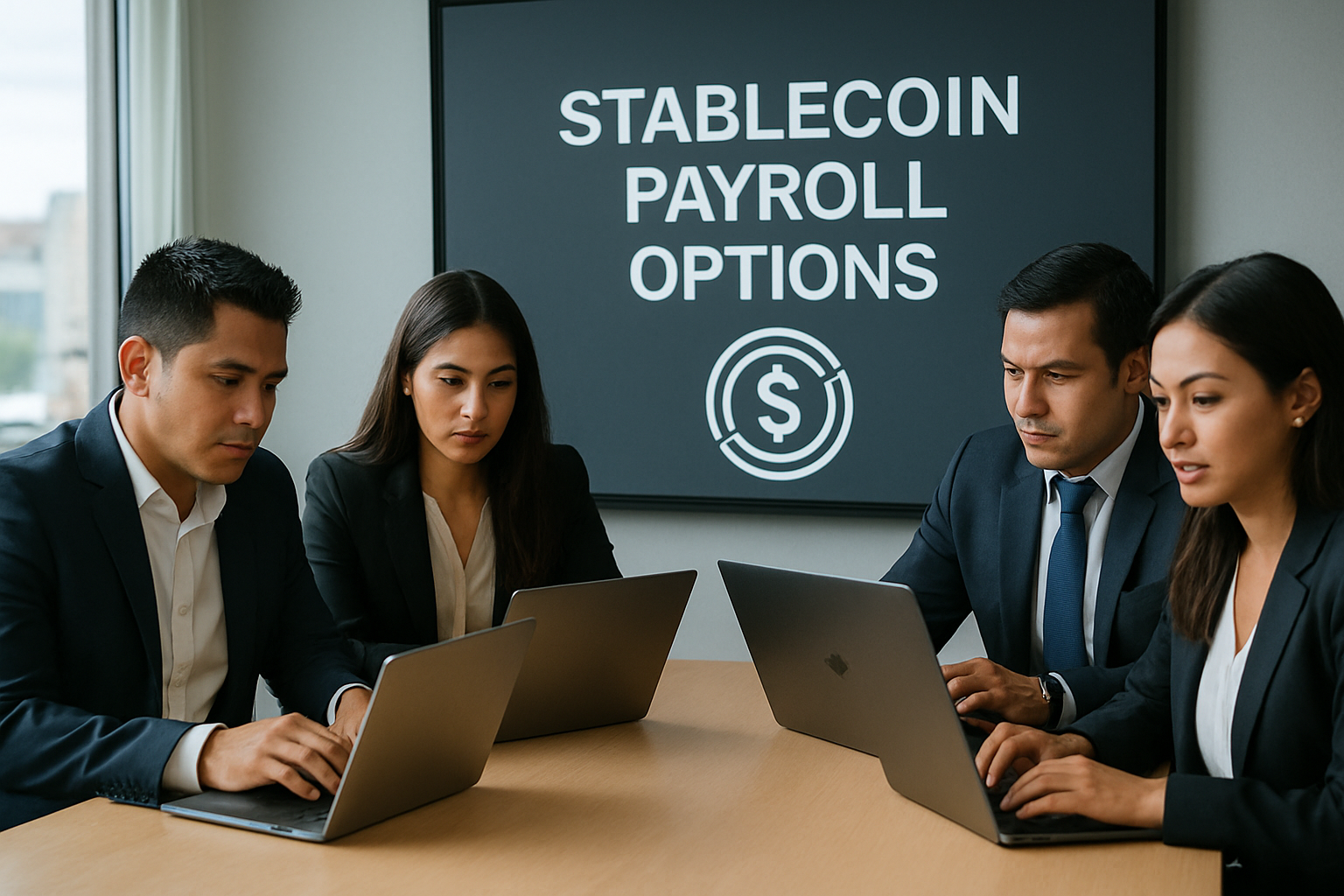 LATAM business team discussing stablecoin payroll options on laptops in a modern office setting