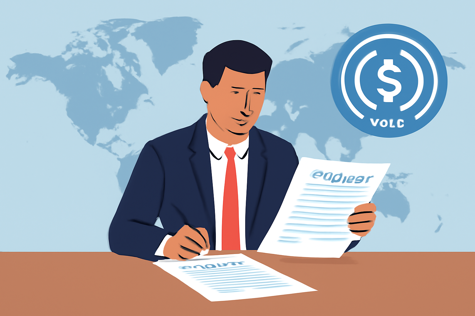A business person reviewing legal documents with a USDC coin and a world map in the background, symbolizing global compliance.