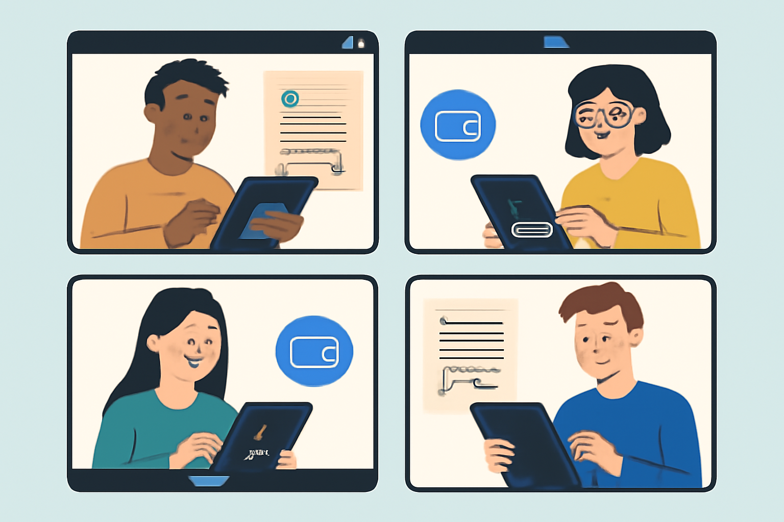 A diverse remote team on a video call, signing digital contracts on tablets, with crypto wallet icons and agreement documents visible.