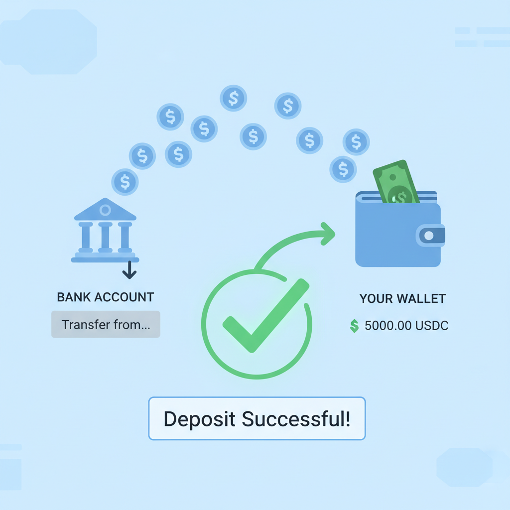 wallet funding interface with USDC coins flowing in from bank, glowing green success checkmark