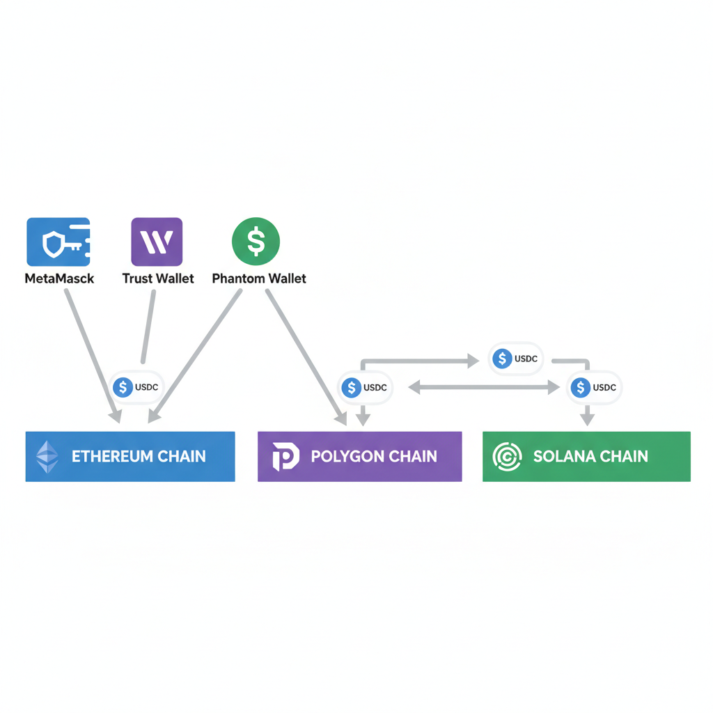 clean diagram mapping crypto wallets to Ethereum Polygon Solana chains with USDC icons and arrows
