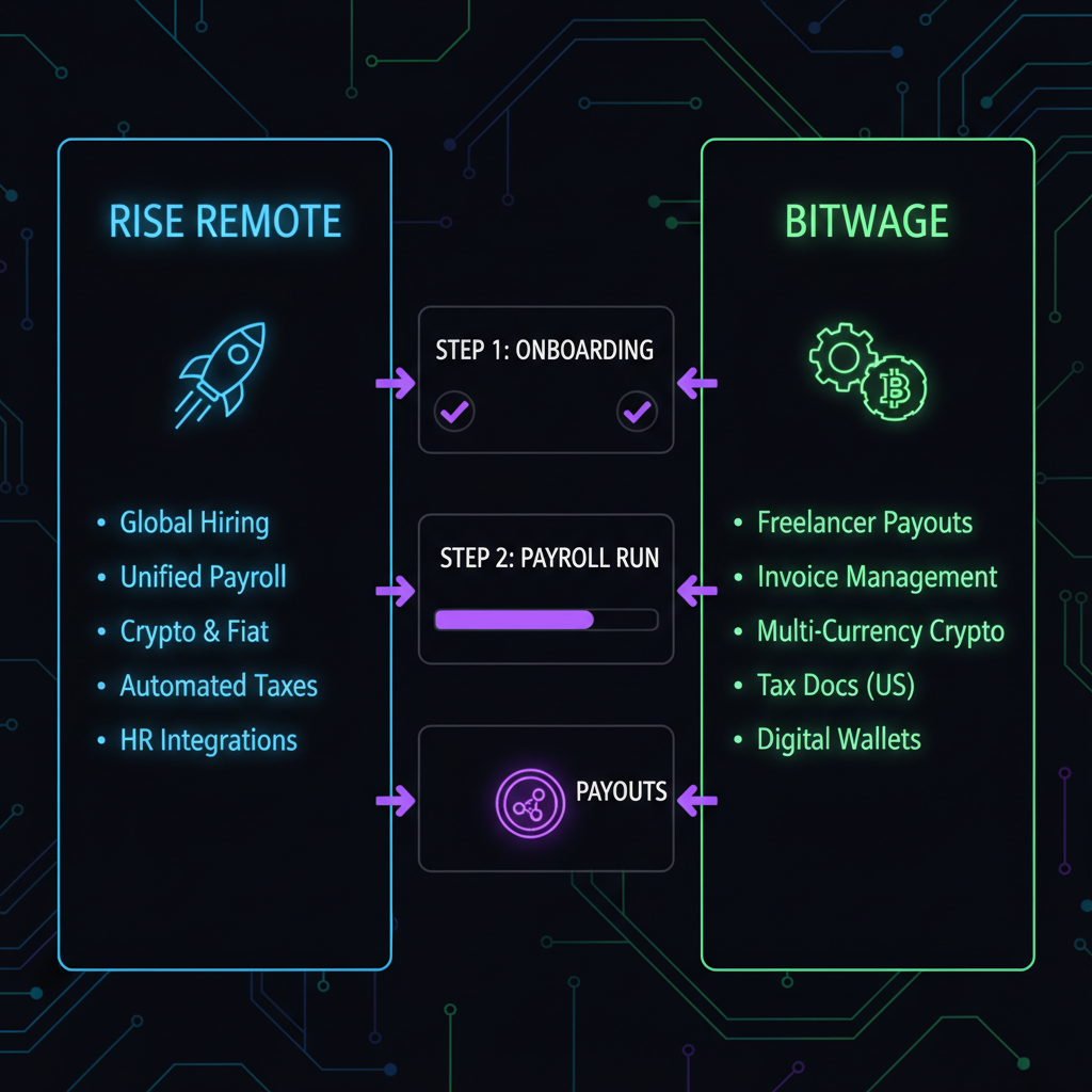 sleek comparison dashboard of Rise Remote Bitwage crypto payroll platforms, futuristic UI, neon accents