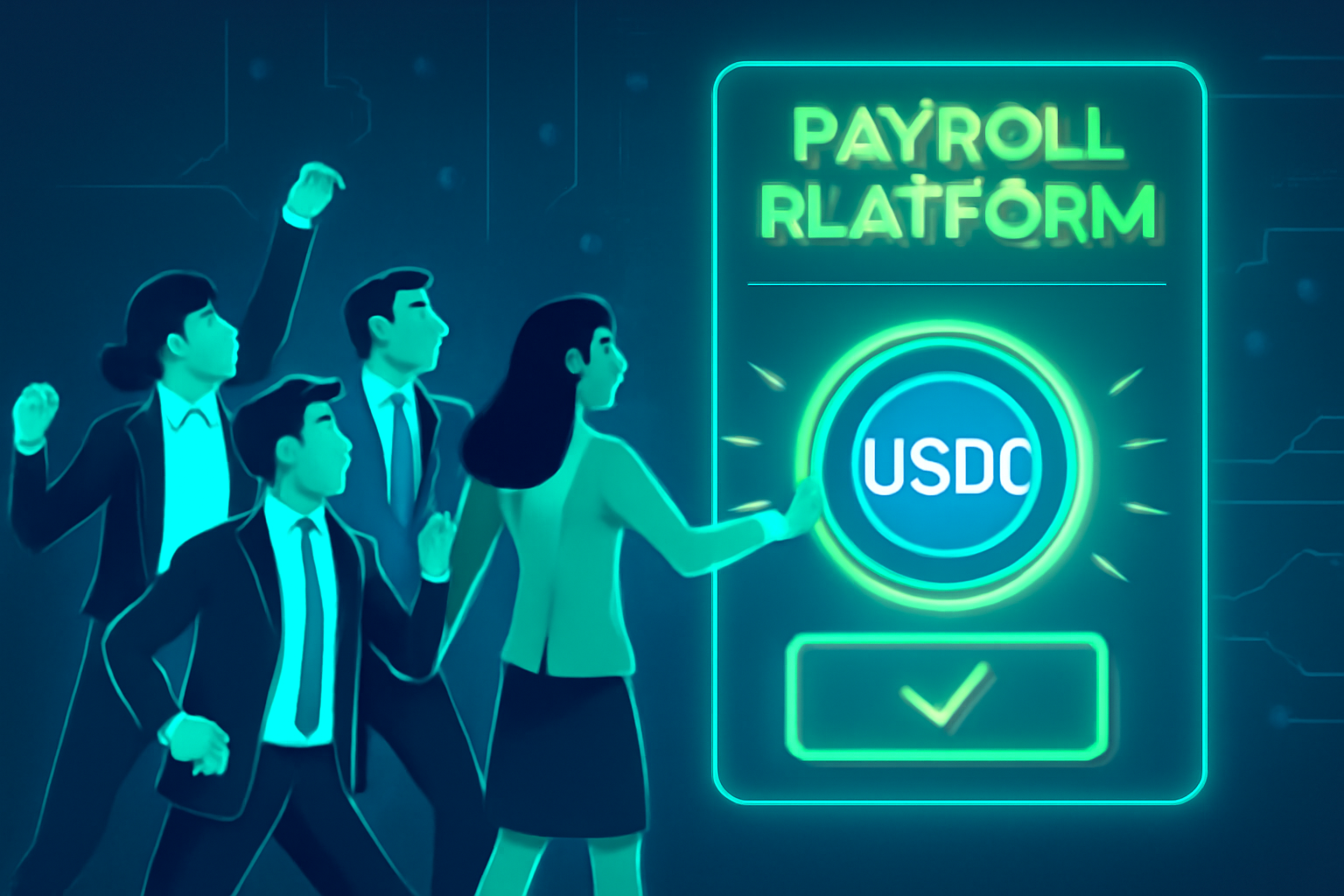 energetic business team selecting USDC payroll platform on glowing dashboard, futuristic neon interface, vibrant blues and greens
