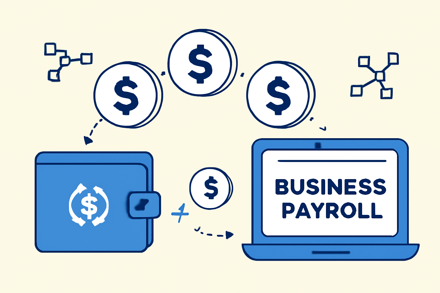 A digital wallet transferring USDC coins into a business payroll platform, with US dollar symbols and blockchain motifs.