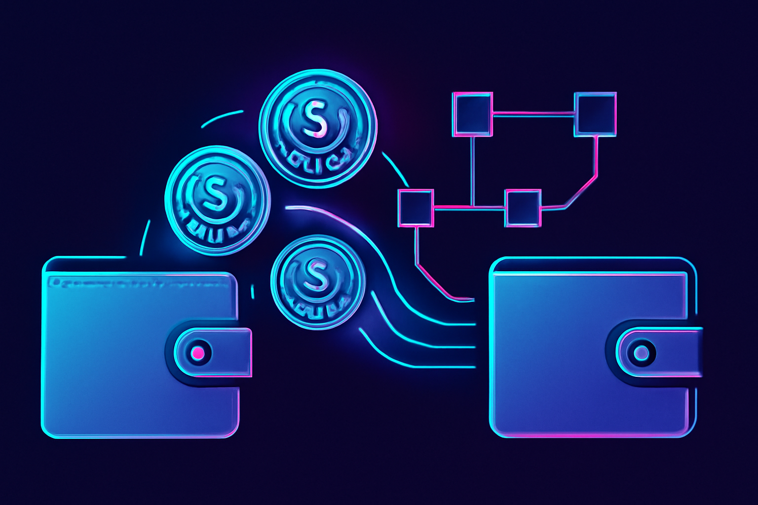 sleek wallet integration animation, USDC coins flowing into digital wallets, blockchain nodes connecting, cyberpunk style