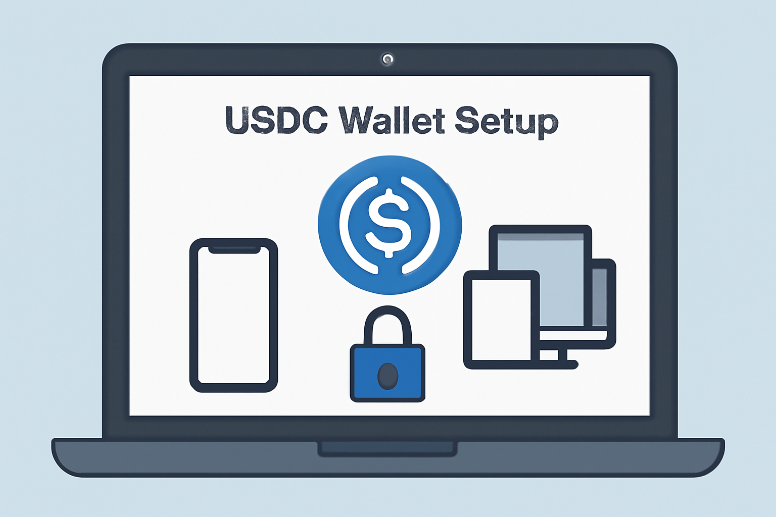 A secure digital wallet app on a smartphone displaying a USDC balance, with padlock and shield icons.