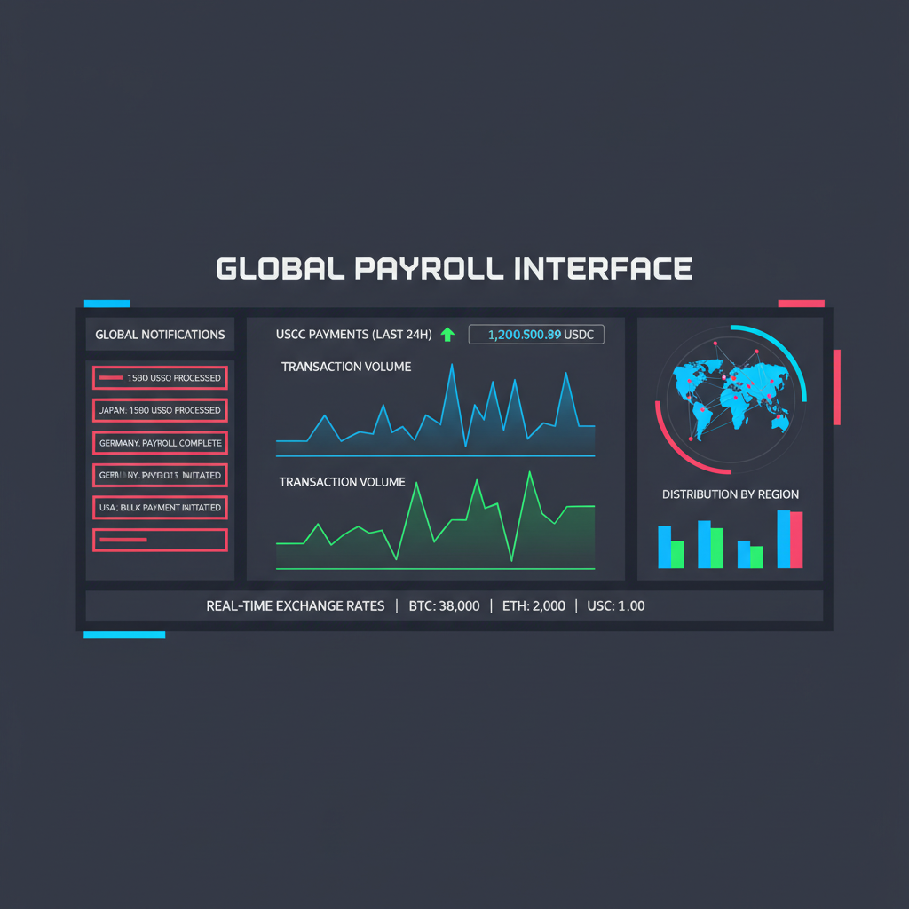 real-time payroll dashboard tracking USDC payments, graphs spiking, global notifications, cyberpunk style