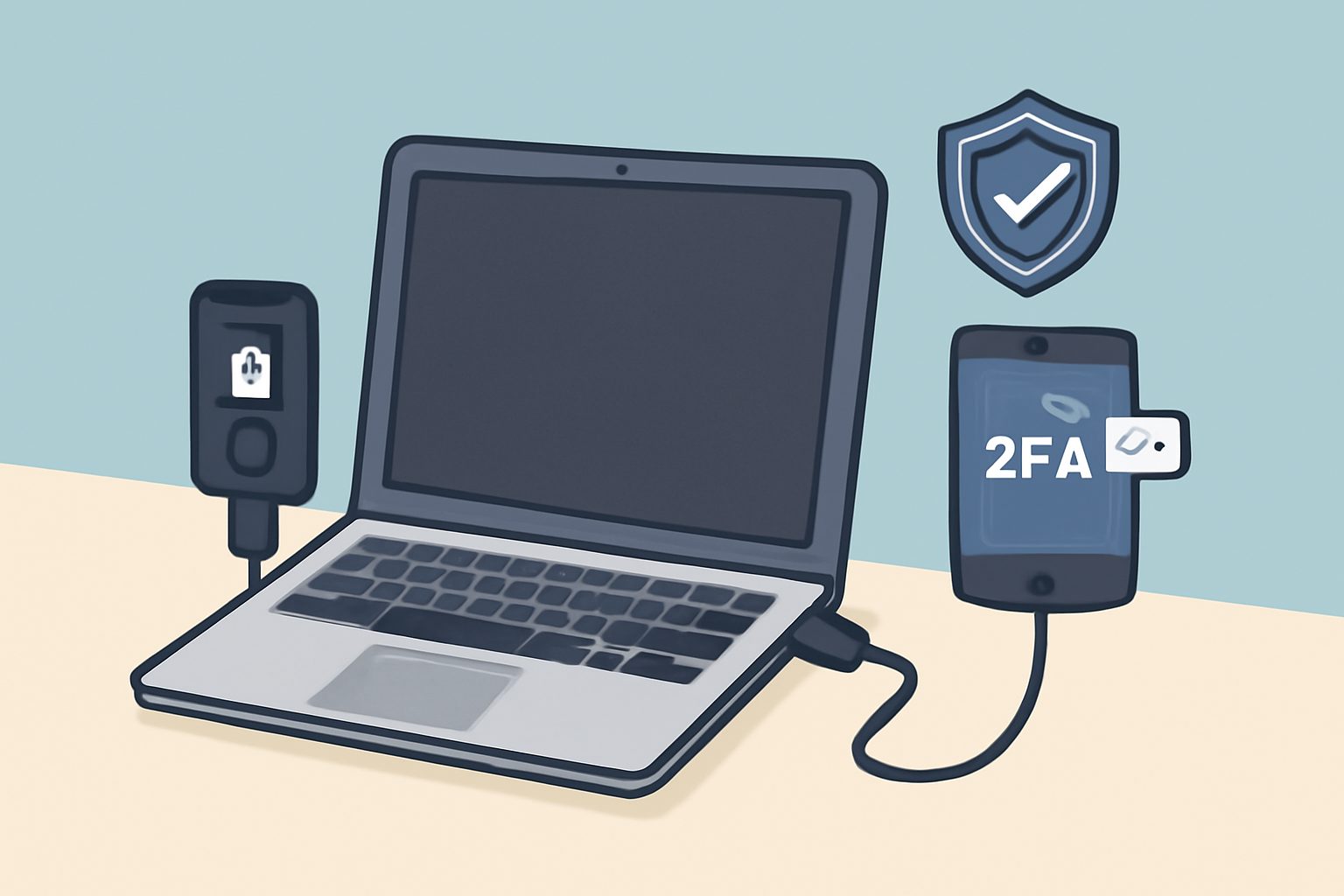 A hardware wallet connected to a laptop, with shield and 2FA icons, digital nomad workspace, secure and reassuring illustration.