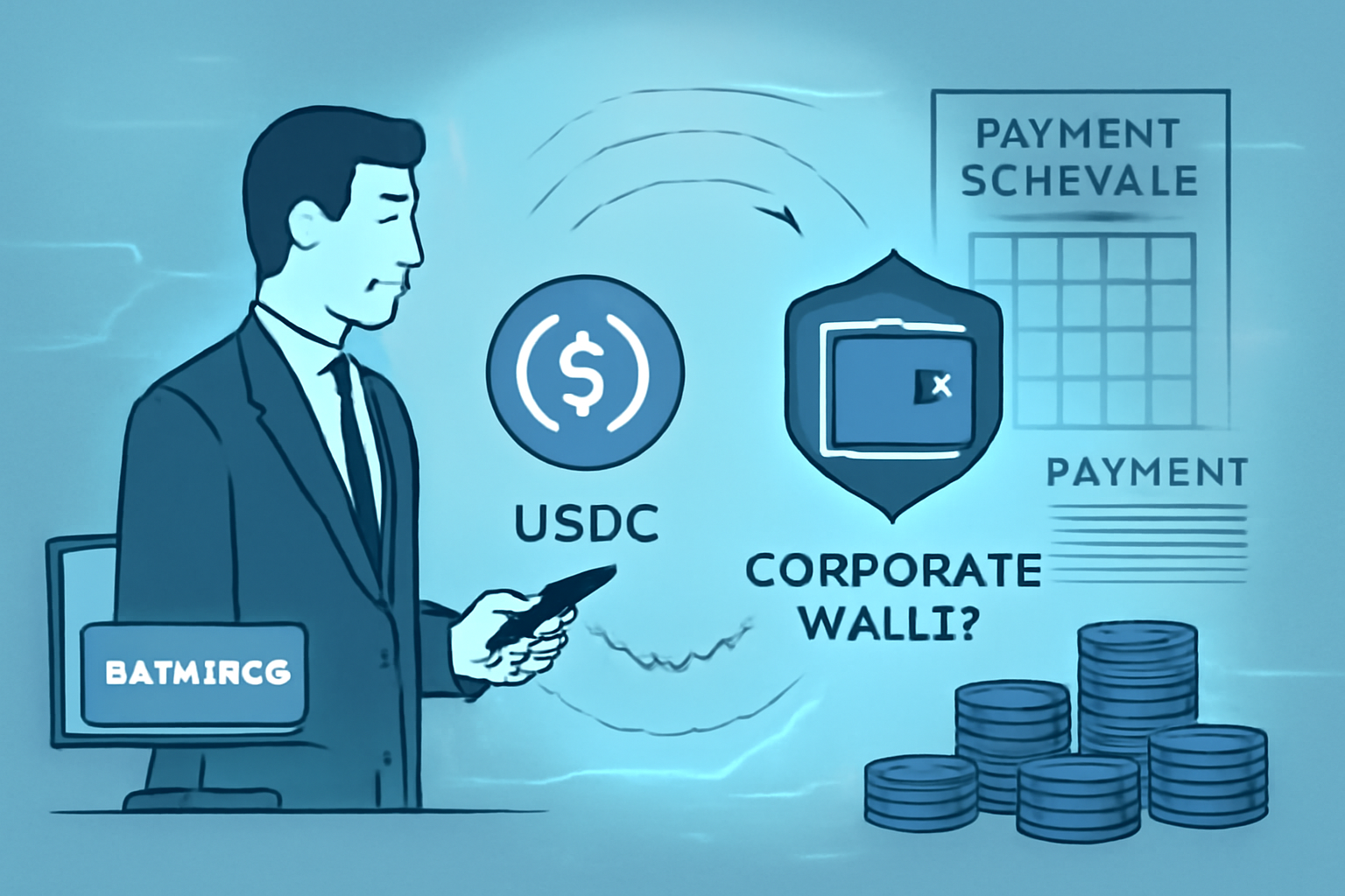 A business owner transferring USDC from an exchange to a corporate wallet, calendar and payment schedule on screen, stacks of digital coins, futuristic fintech vibe.