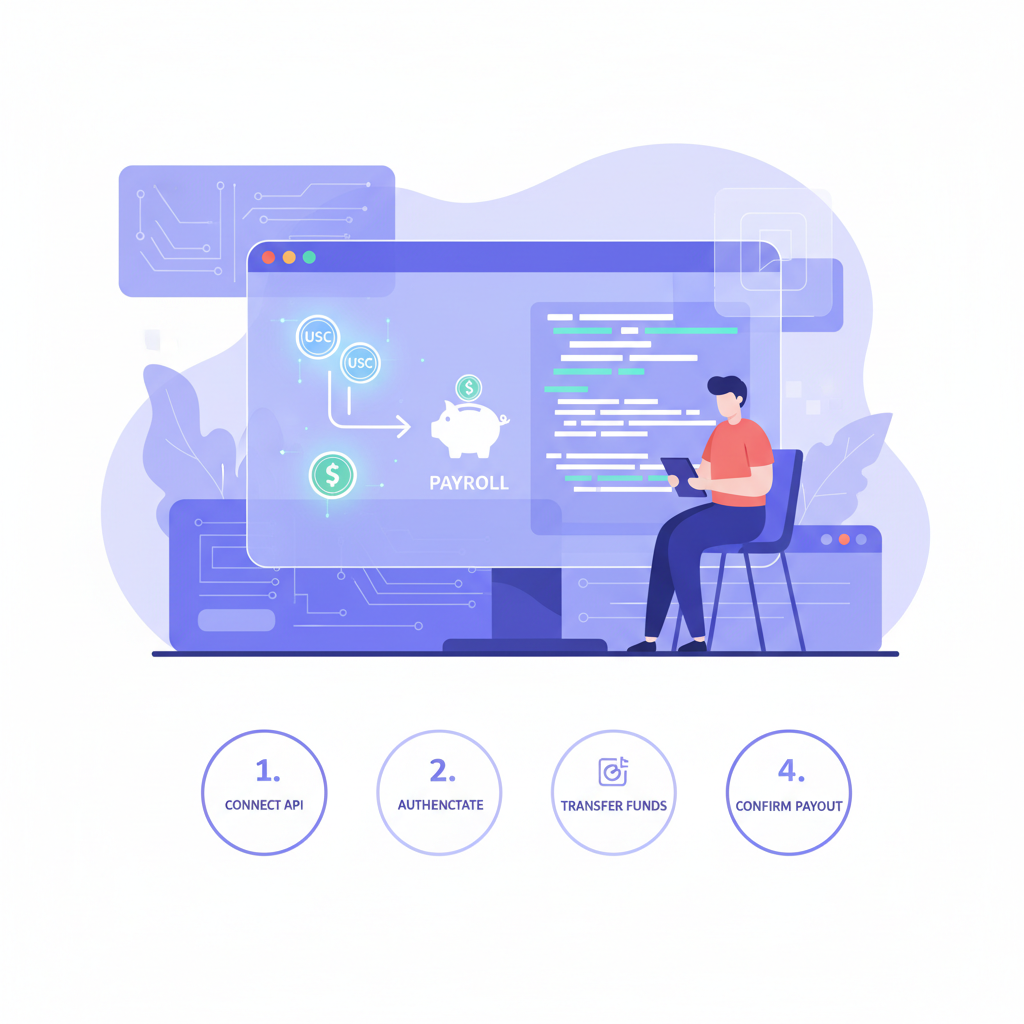 developer integrating API code on screen with USDC payroll icons, futuristic dashboard
