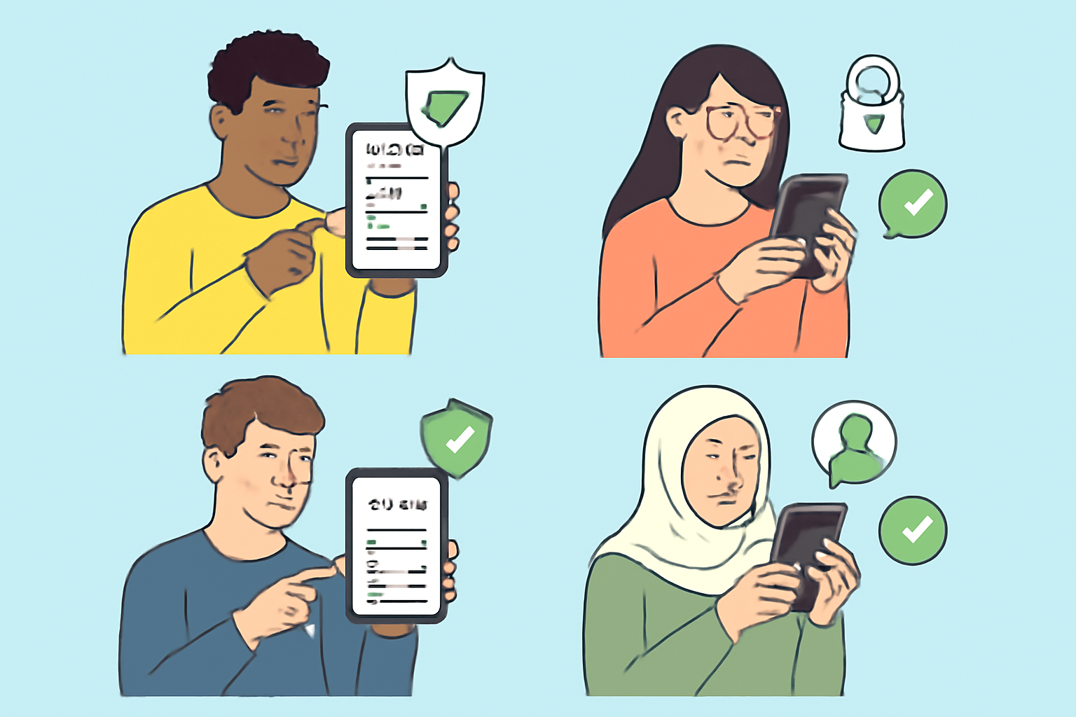 diverse remote workers completing KYC forms on phones and setting up crypto wallets, secure verification icons