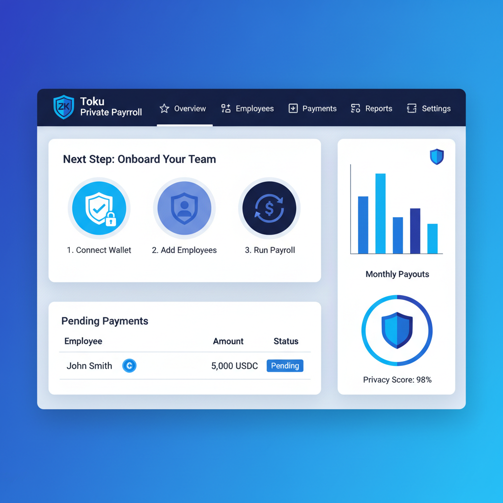 professional dashboard of zk-private payroll platform Toku, modern UI with shield icons and USDC, blue secure tones