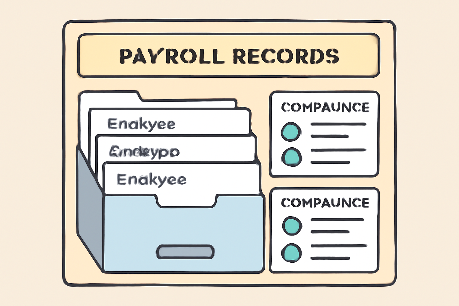 A digital file cabinet or dashboard showing organized payroll records and compliance checklists.
