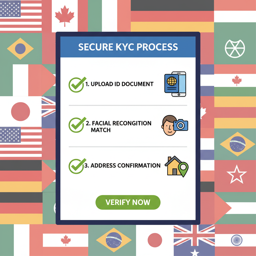 team member ID verification screen with checkmarks, secure KYC process illustration, global flags background