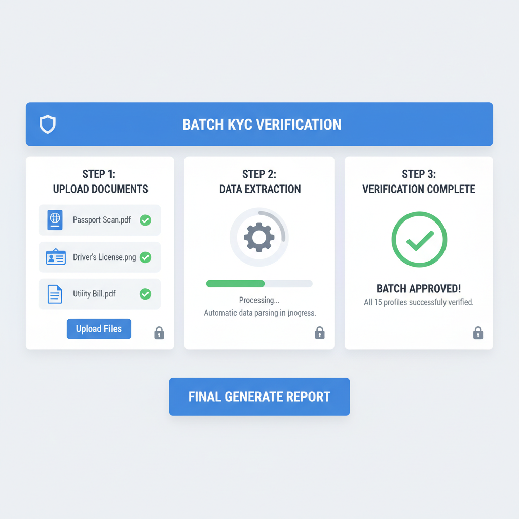 batch KYC verification screen with document uploads and green checkmarks, professional interface, secure lock icons