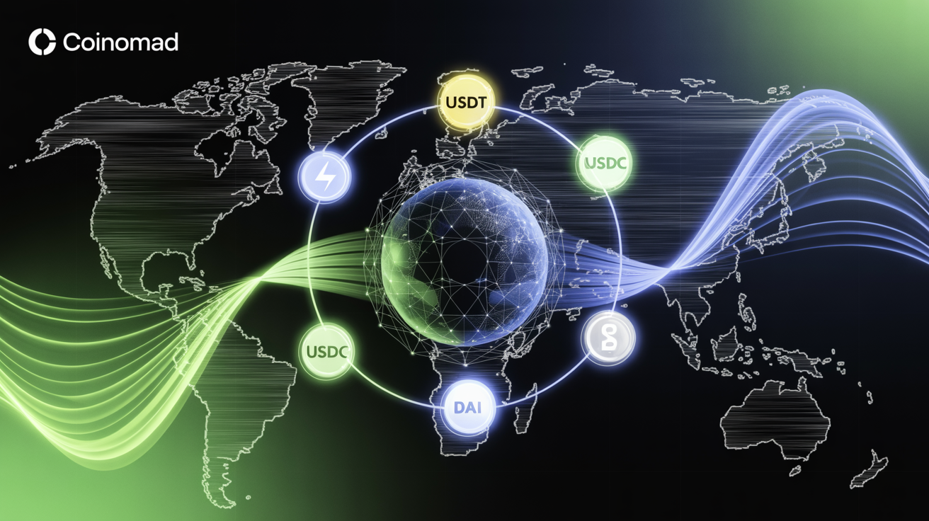 Illustration of secure USDC blockchain payroll transaction for remote global teams, showing fast cross-border stablecoin payments with locks and world map