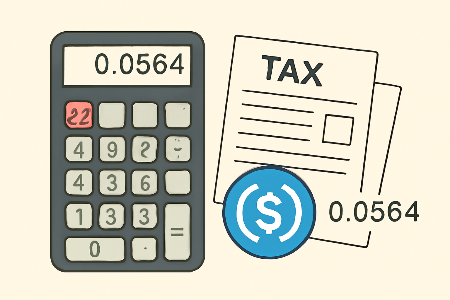 A calculator, tax forms, and a USDC coin, with the price $0.0564 displayed on a screen.