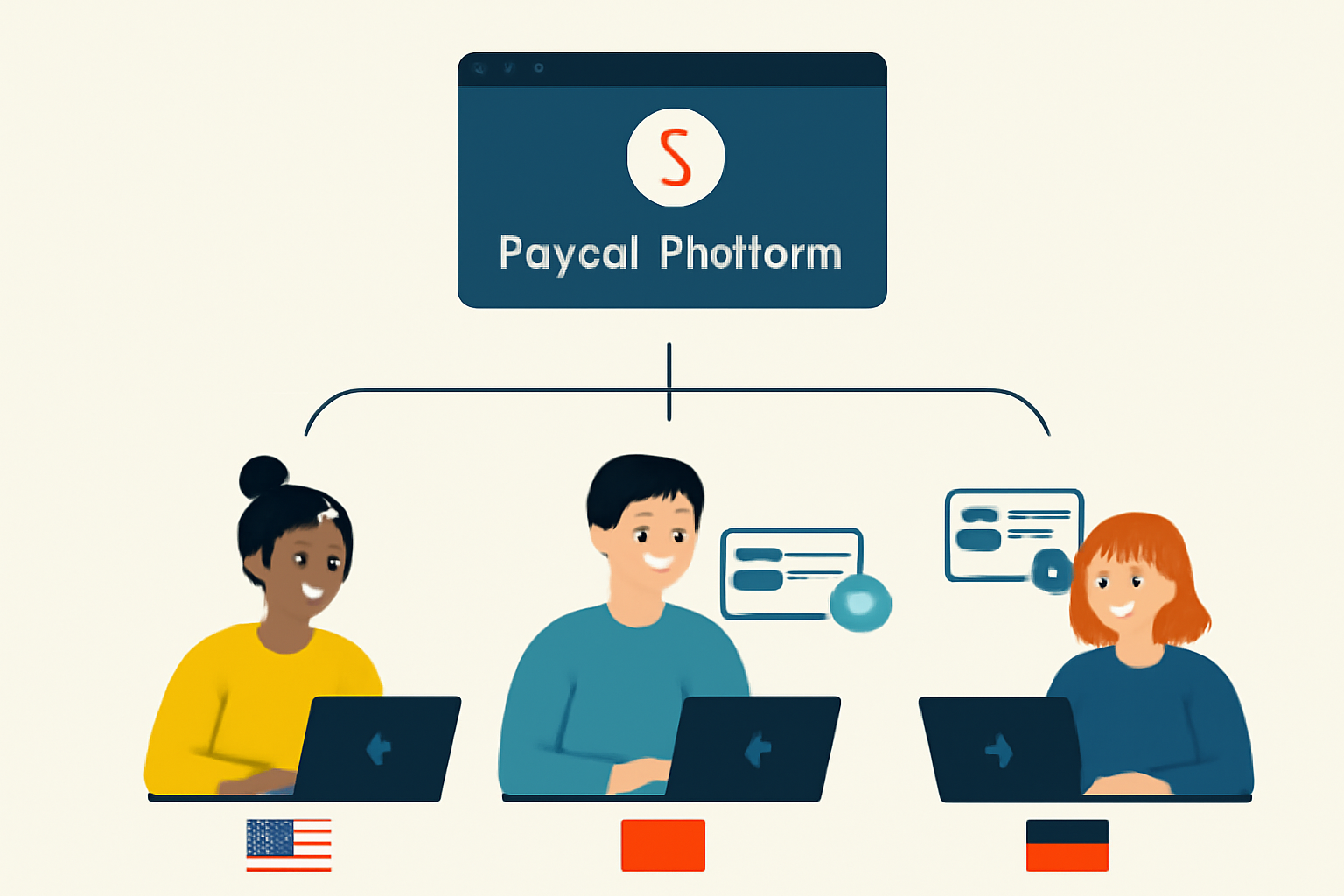 Remote workers from different countries connecting to a payroll platform, submitting ID documents, with checkmarks indicating verification.
