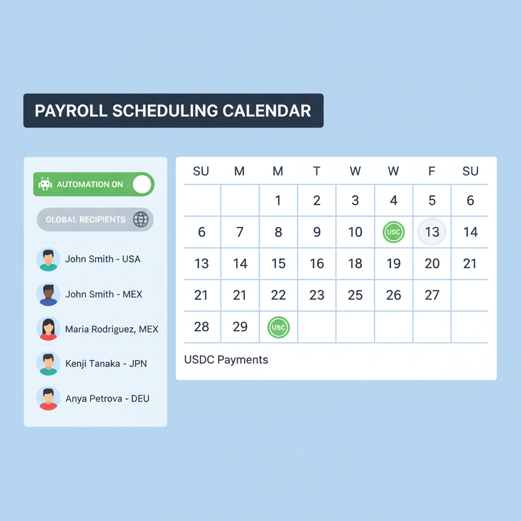 payroll scheduling calendar with USDC payments, automation toggles, global recipient list