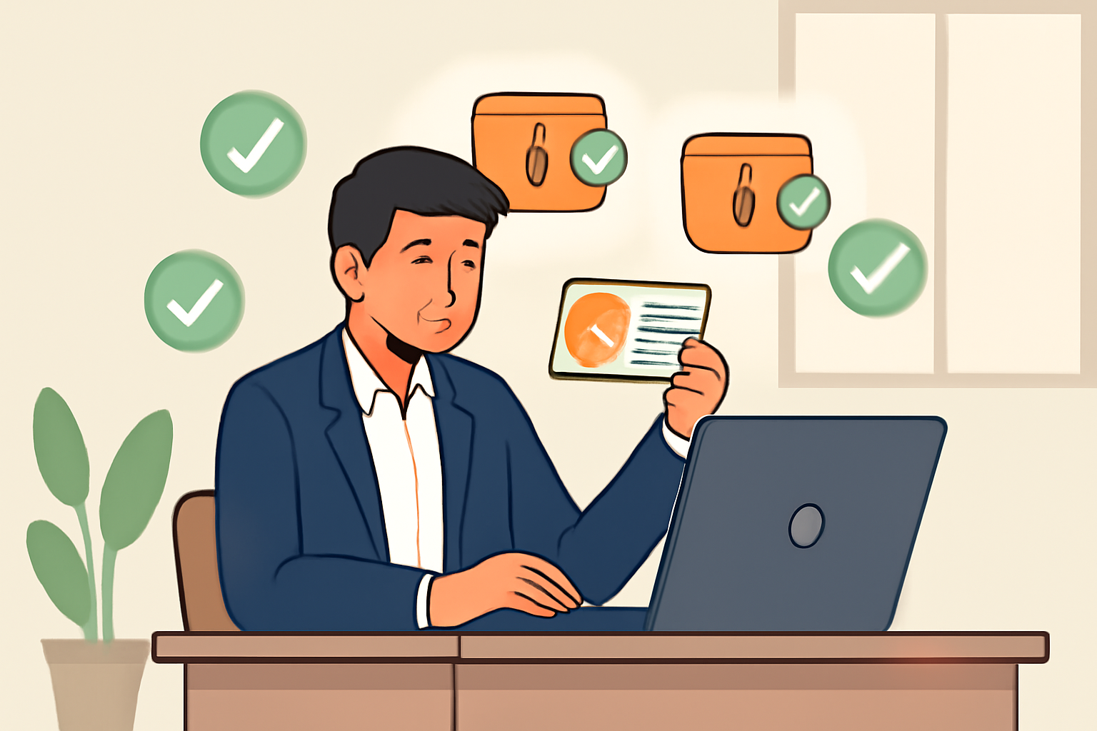 A business owner at a desk, verifying identity documents on a laptop, with digital crypto wallet icons and compliance checkmarks in the background, modern office setting.