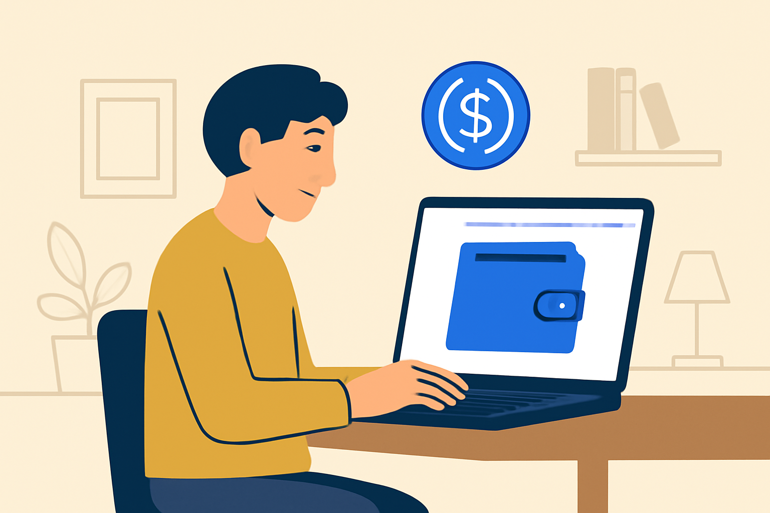 A remote worker setting up a crypto wallet on a laptop, with USDC coin and wallet icons, home office environment