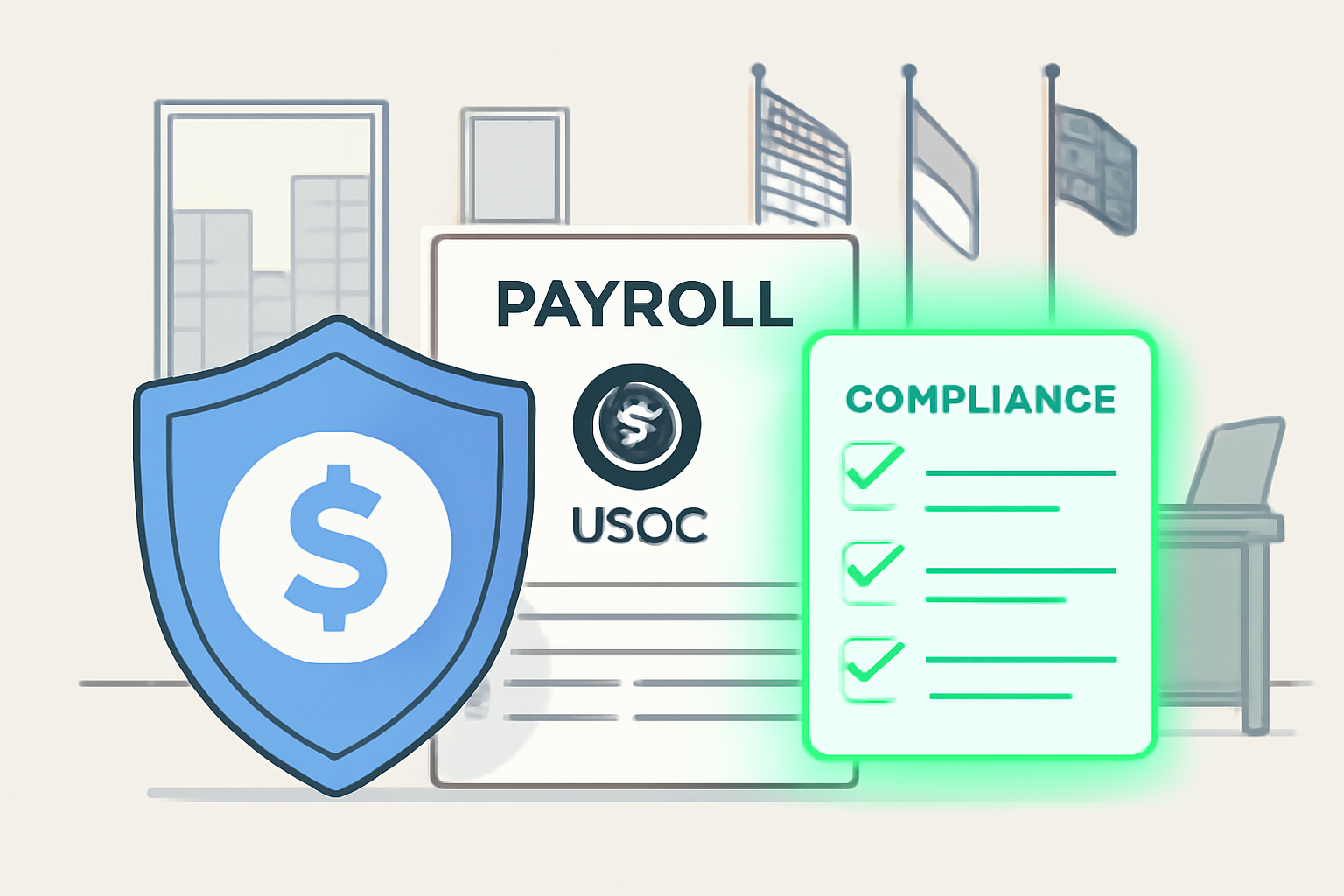 shield icon protecting USDC payroll documents, compliance checklist glowing green, professional office with global flags