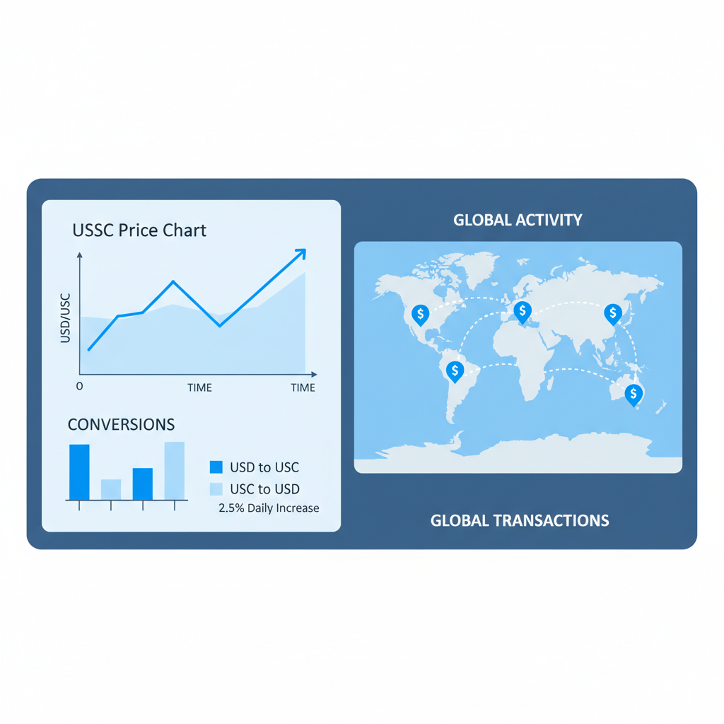 monitoring dashboard showing USDC price chart conversions and global map