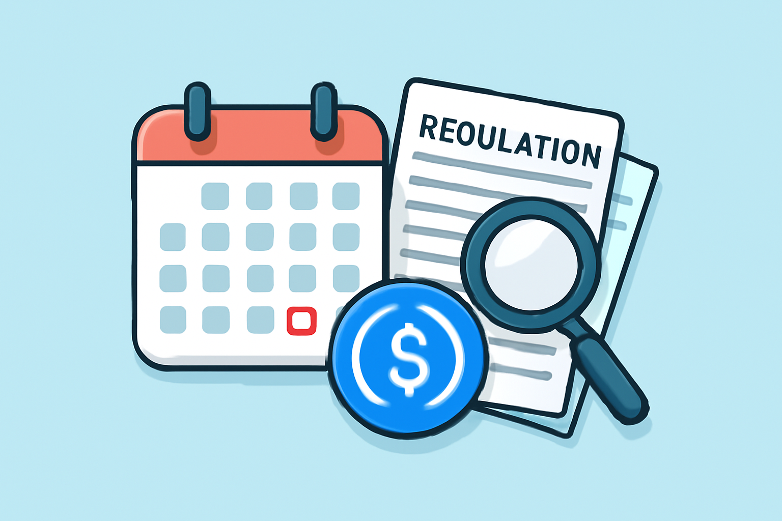 A calendar with regulatory documents, a magnifying glass, and USDC coins, symbolizing ongoing compliance checks.